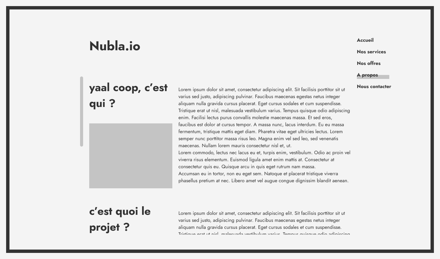 Wireframe de la page à propos, en noir et blanc